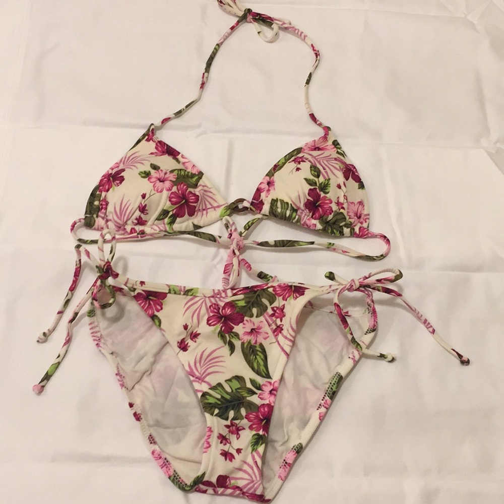 Pink & Green Floral Triangle Bikini Swimsuit Set